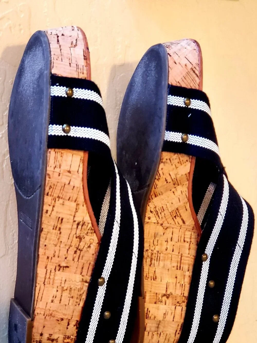 Cork Wedge Navy Blue & White Sandals Slip On Shoes Wedge Nautical Espadrilles